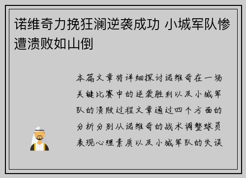 诺维奇力挽狂澜逆袭成功 小城军队惨遭溃败如山倒