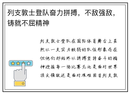 列支敦士登队奋力拼搏，不敌强敌，铸就不屈精神